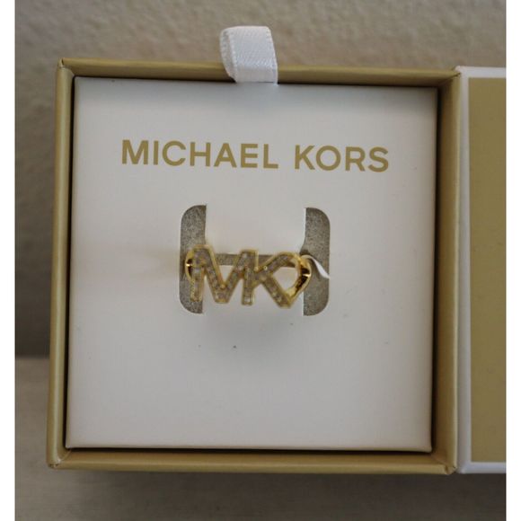Michael Kors MKJX80277109 Women Sz 9 Gold Crystal Pavé MK Logo Fashion Ring - Picture 2 of 6